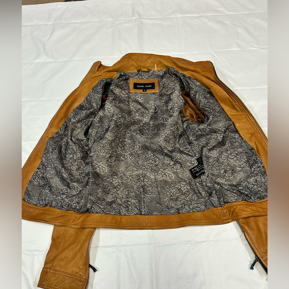 Black Rivet Cognac Tailored Leather Jacket | Pockets | Collar Ladies Size M NWT - Picture 12 of 15